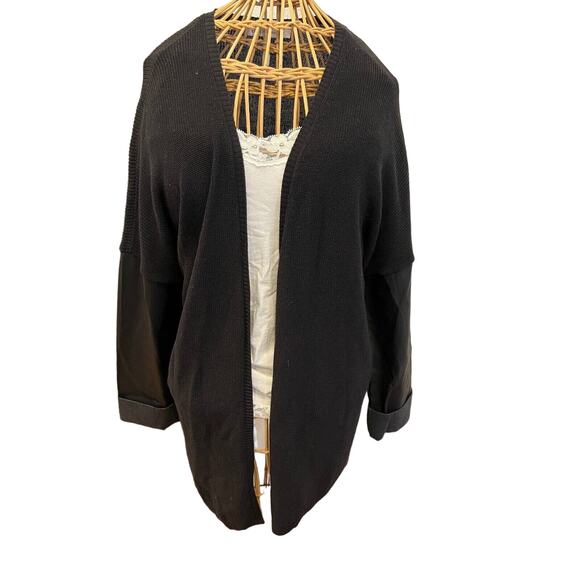 BCBG Generation Black Cardigan Faux Leather Sleeves Size Large Very Unique - Picture 2 of 5